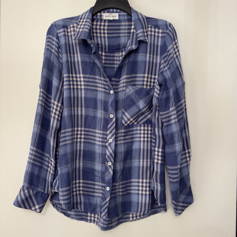 Bella Dahl Pocket Button Down Blue Plaid Small Oversized Soft Casual Cowgirl